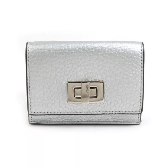 Auth FENDI Trifold Wallet Compact Wallet Silver Leather/Metal - Picture 1 of 8